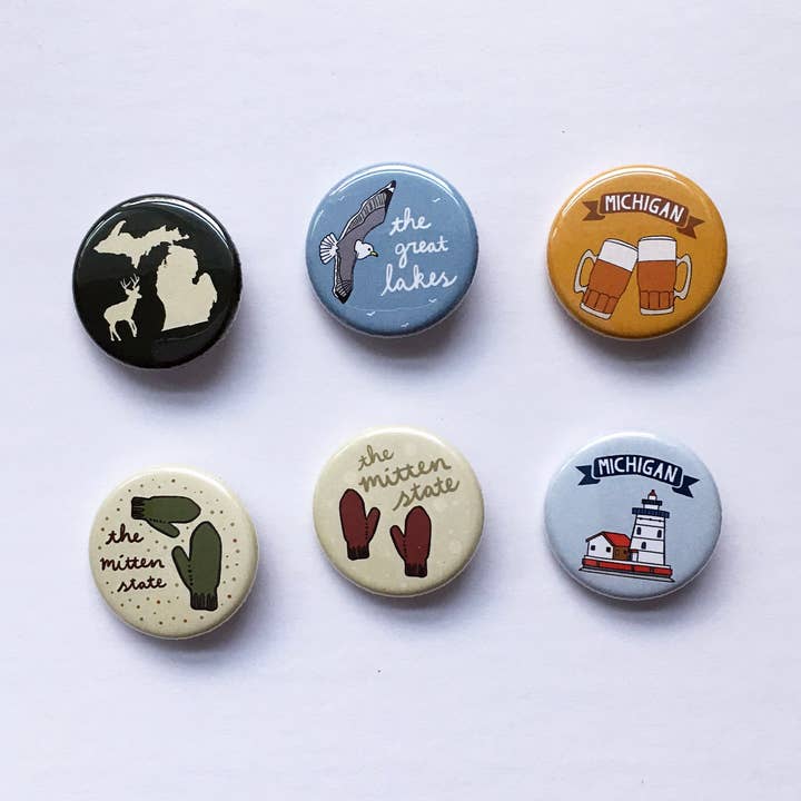 Michigan Assorted Buttons - Great Lakes Souvenir Button Pins for wholesale by Made by Nilina