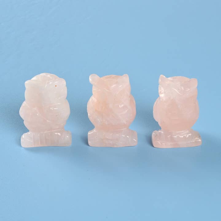Figurine de chouette sculptée en quartz rose naturel de 1,5 po et 2 po pour la vente par ilovebeadsusa