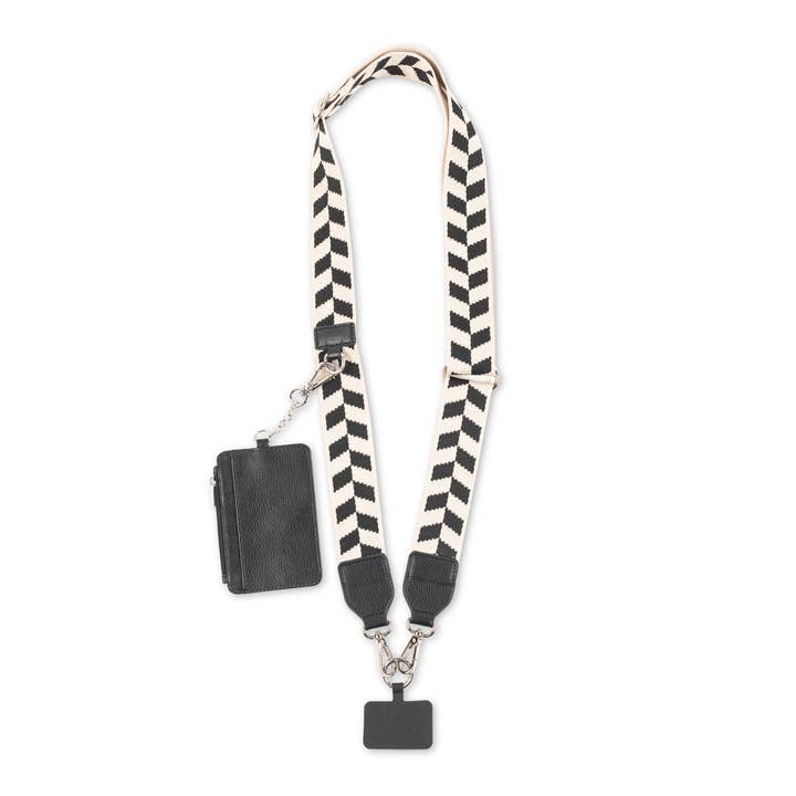 Lanière tissée en ric-rac noir et blanc avec poche détachable et bracelet. pour la vente par Bonitas International