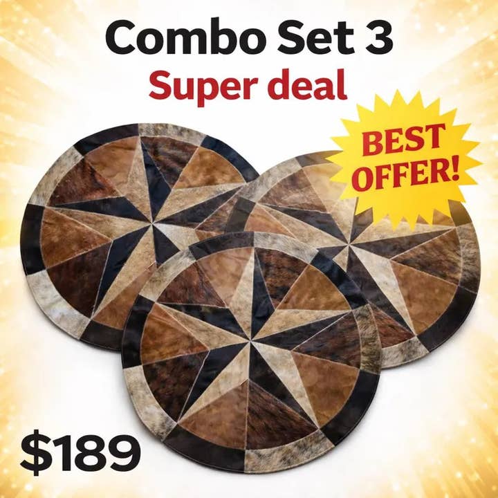 Tapis en patchwork de peau de vache, motif étoile, lot de 3 pour la vente par TOM TOM COWHIDES