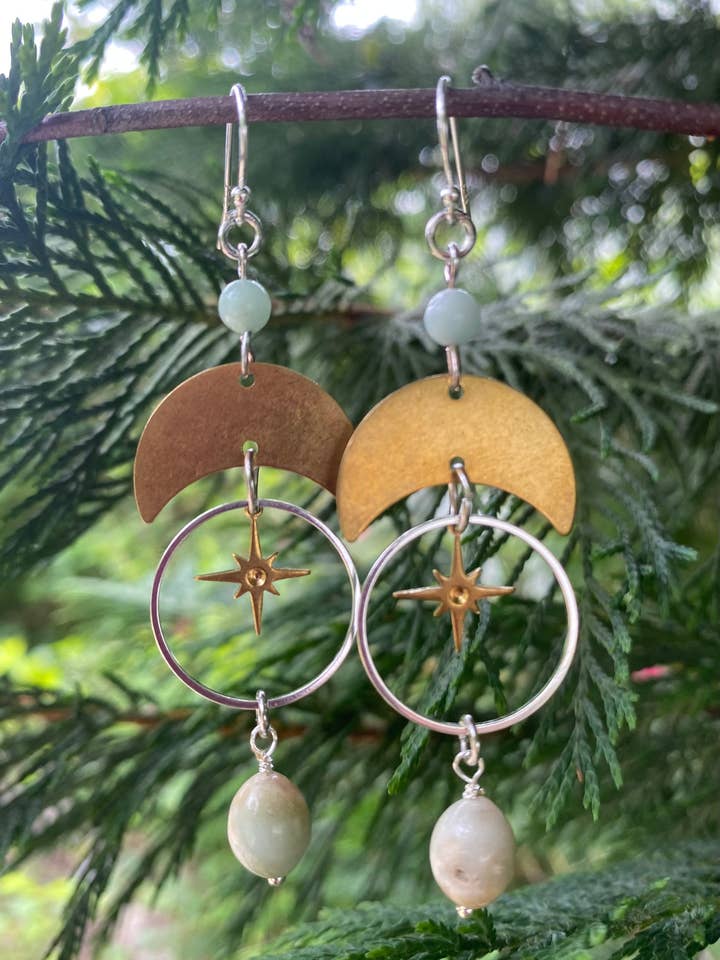 Amazonite Mixed Metal Moon and Star Dangle Boho Earrings for wholesale by Bold as Love Belongings