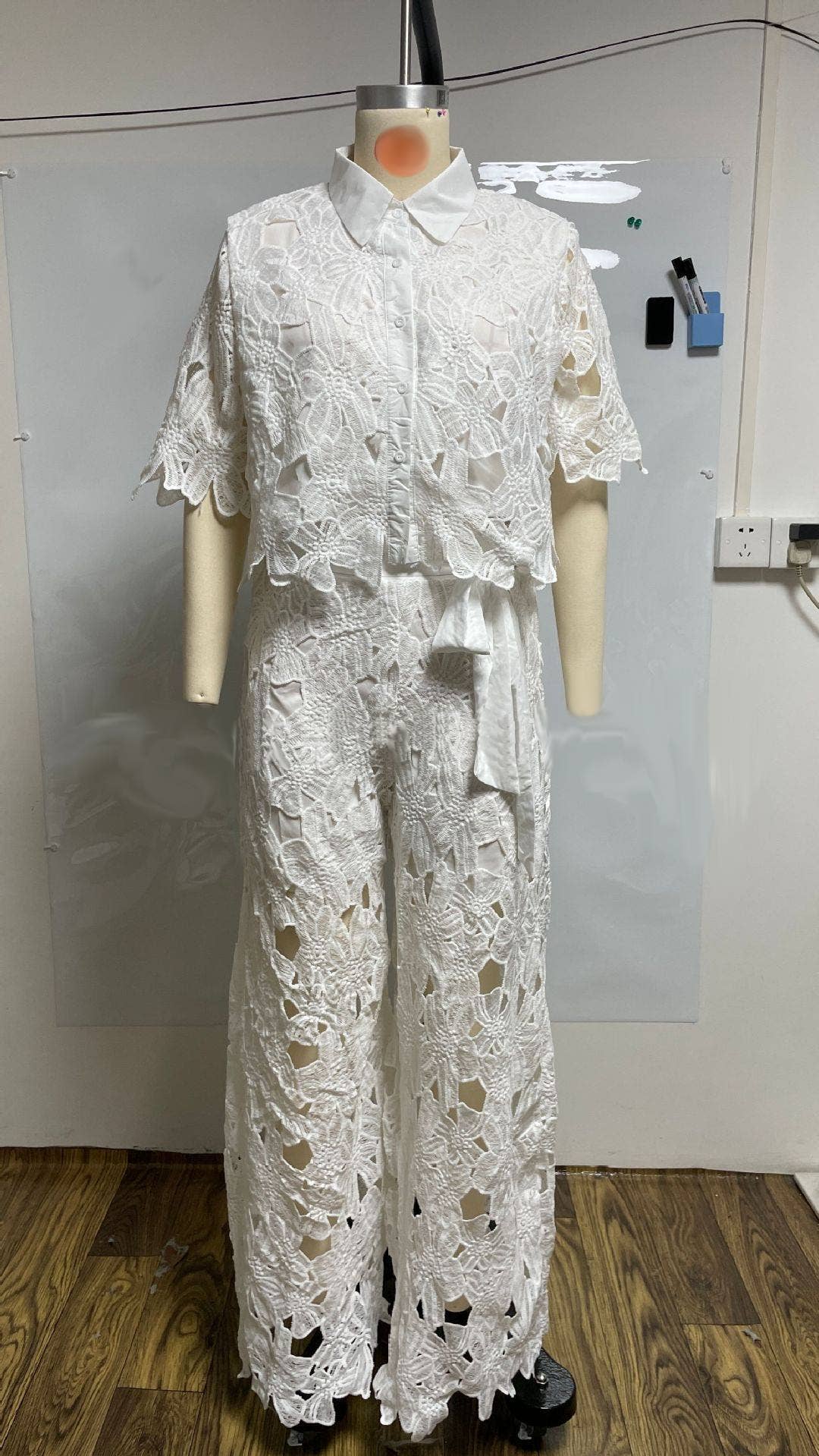 Rosa Clothing - Wholesale Top & Pant Set (NOT Loungewear) - Women's - Crochet Floral Lace Button-down shirts & wide leg pant set2