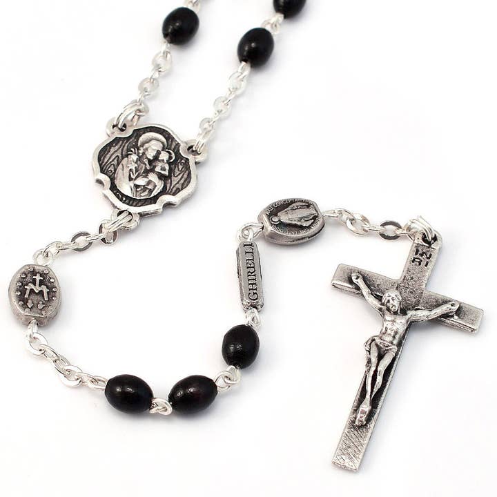 Ghirelli UsA Inc - Vente Collier de prière en perles - Chapelet Saint Joseph noir et argenté - Perles en bois