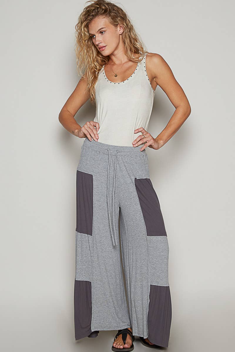 Pol Clothing - Wholesale Pants - Women's - Ribbed contrast fabric panels casual knit wide fit pants28