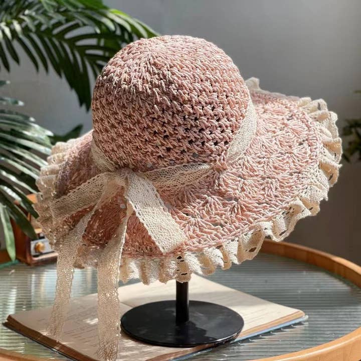ACCITY - Wholesale Straw Hat - Women's - HAND-WOVEN BOW FOLDABLE LACE STRAW HAT_CWAH1174