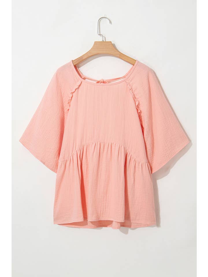 Pink Plus Size Textured Wide Short Sleeve Babydoll Blouse for wholesale on Faire