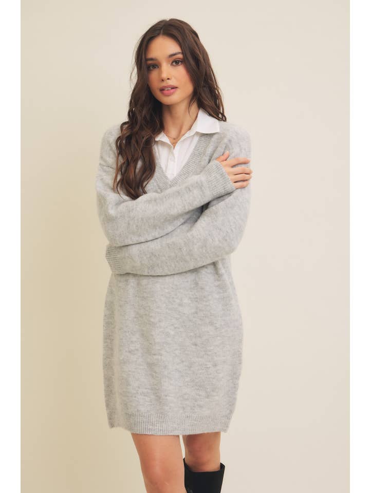 in february - Wholesale Dress - Women's - MIXED MEDIA SOFT SWEATER SHIRT MINI DRESS