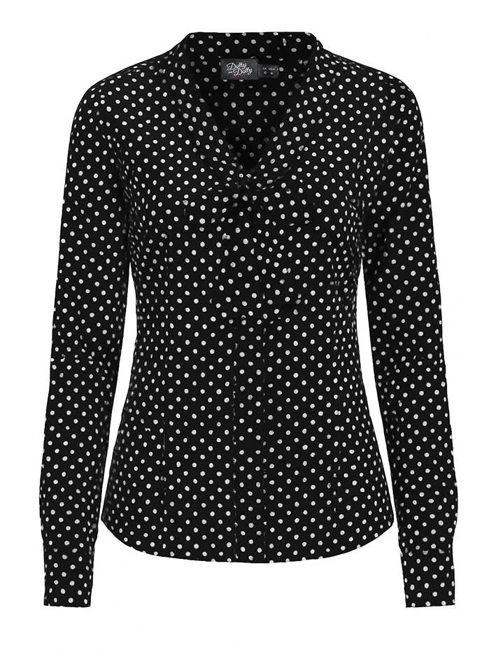 Margaret Classic Black Polka Dot Tie Blouse for wholesale by Dolly & Dotty