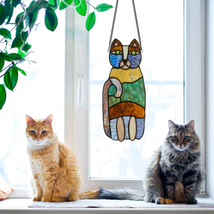 Purple 13"H Cecilia the Cat Multicolor Stained Glass Window Panel for wholesale on Faire5