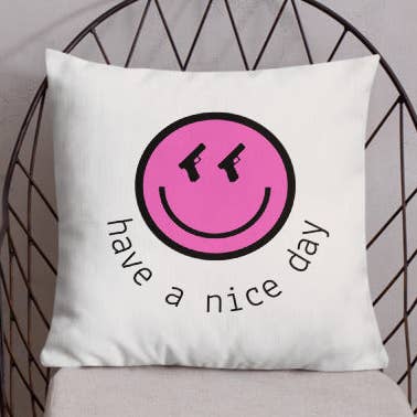 Pink Smiley Dry Fire Pillow for wholesale by Armed In Style