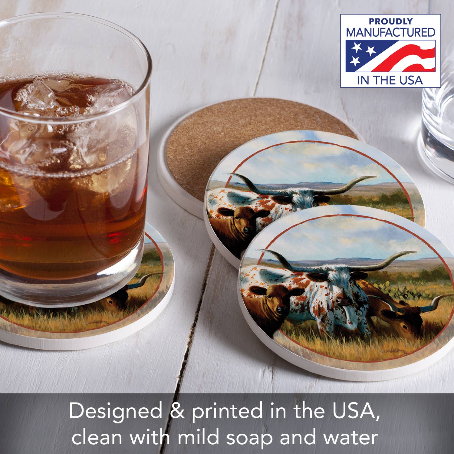 CounterArt/Highland Home/Thirstystone - Wholesale Coasters - Thirstystone "Longhorns" Round Absorbent Stone Coaster 4pk5