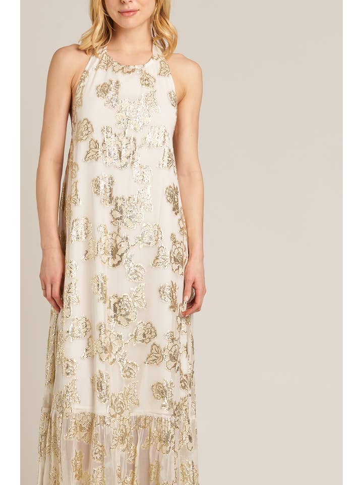 En Crème - Wholesale Dress - Women's - Halter Neck Maxi Dress with Lurex Gold Flowers