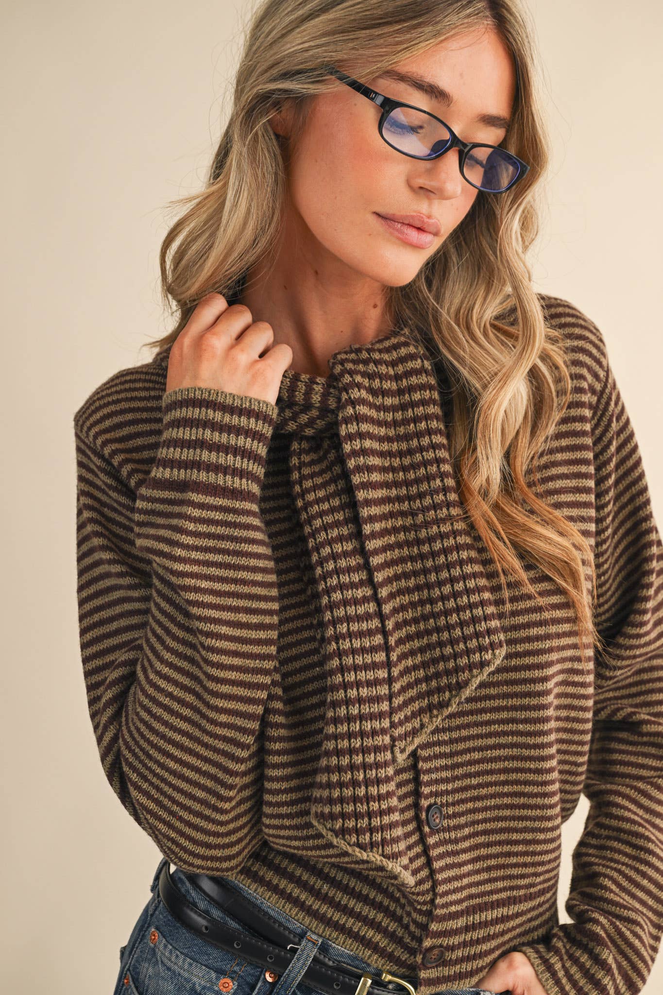 &MERCI - Wholesale Knit Sweater - Women's - STRIPED TYING NECK SWEATER CARDIGAN MSW1112545