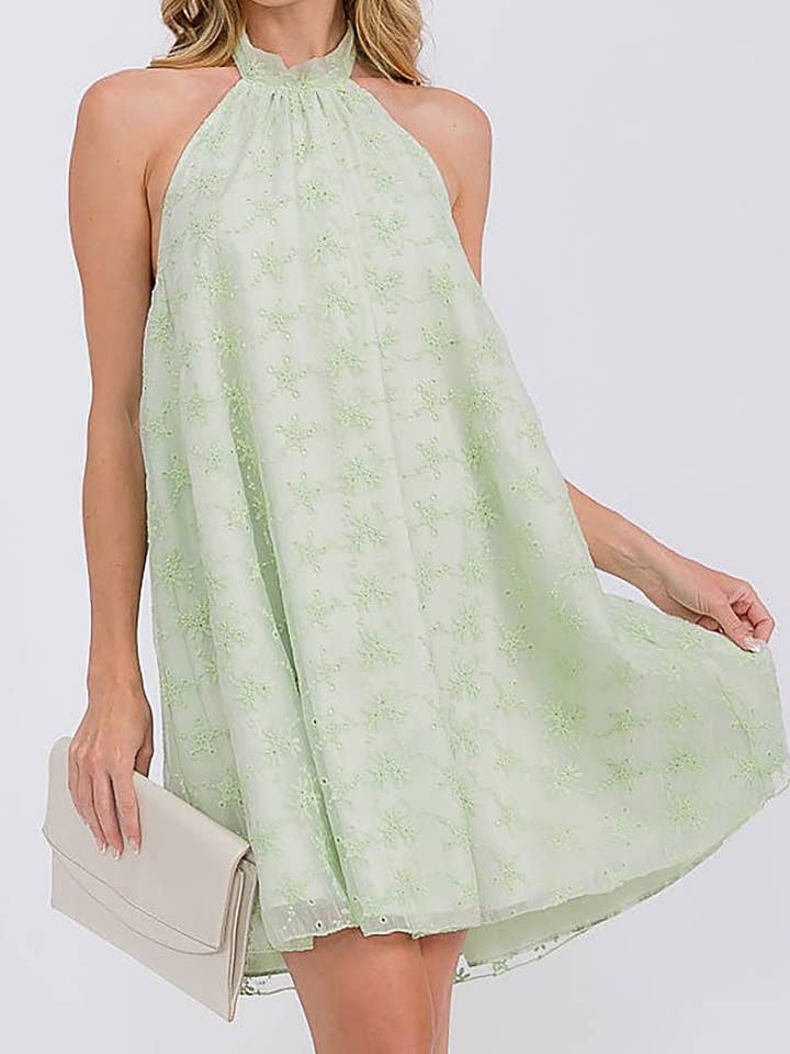 HALTER NECK CROCHET FLORAL DETAIL MINI DRESS for wholesale by ROUSSEAU