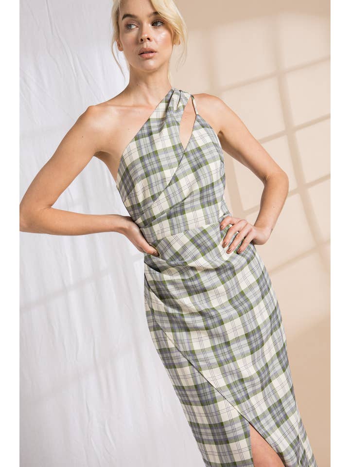 Crème/vert/violet Robe midi asymétrique à carreaux en vente sur Faire1