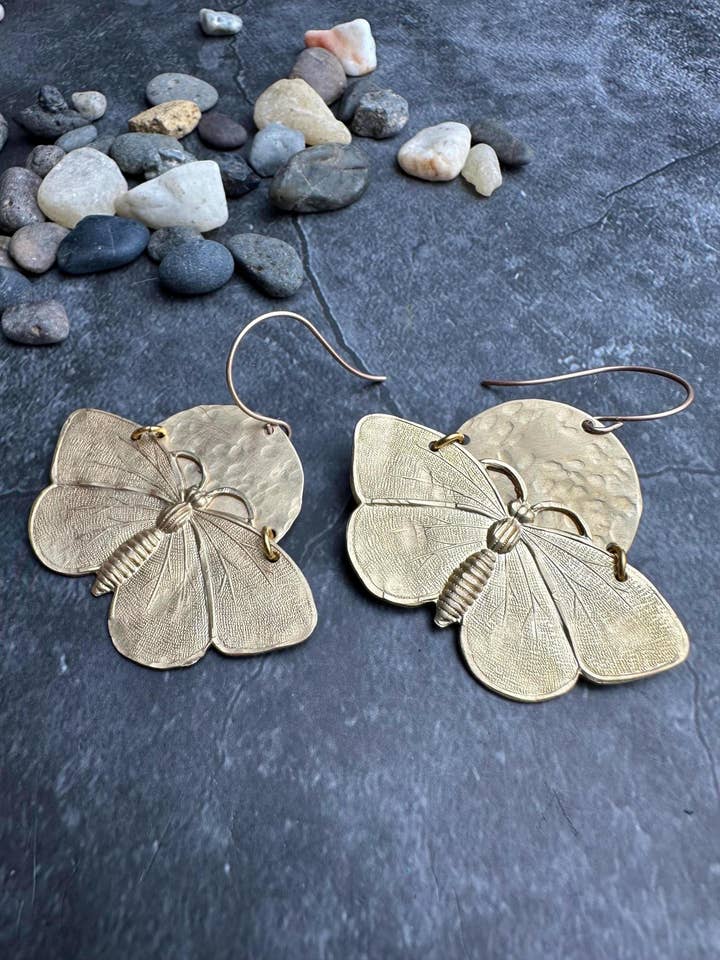 Lunar Moth Earrings - Handcrafted Solid Beaten Brass for wholesale by The Sunstone on Main