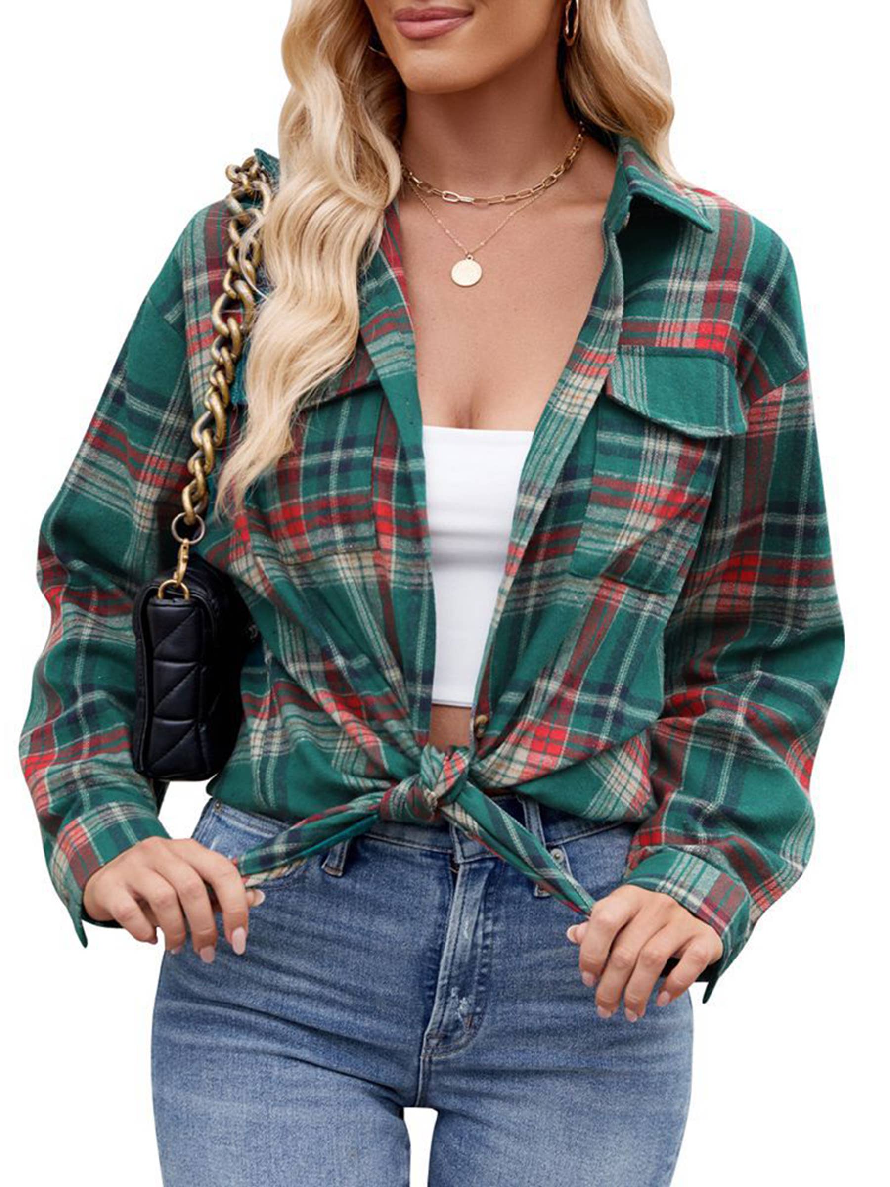 Wholesalesir - Wholesale Button Down Shirt - Women's - Fashionable Casual Loose Plaid Pocket Shirt2