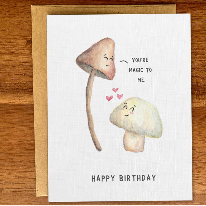 Funny magic mushroom handmade birthday card, Cottage core A2 for wholesale by Pink Hill Press