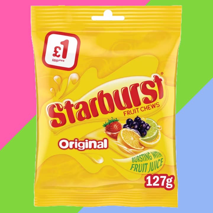 Starburst Veganska Tuggiga Godisar Fruktsmak Påse 12x127g £1 PMP för wholesale av Gaffney's Sweets & Treats Wholesale