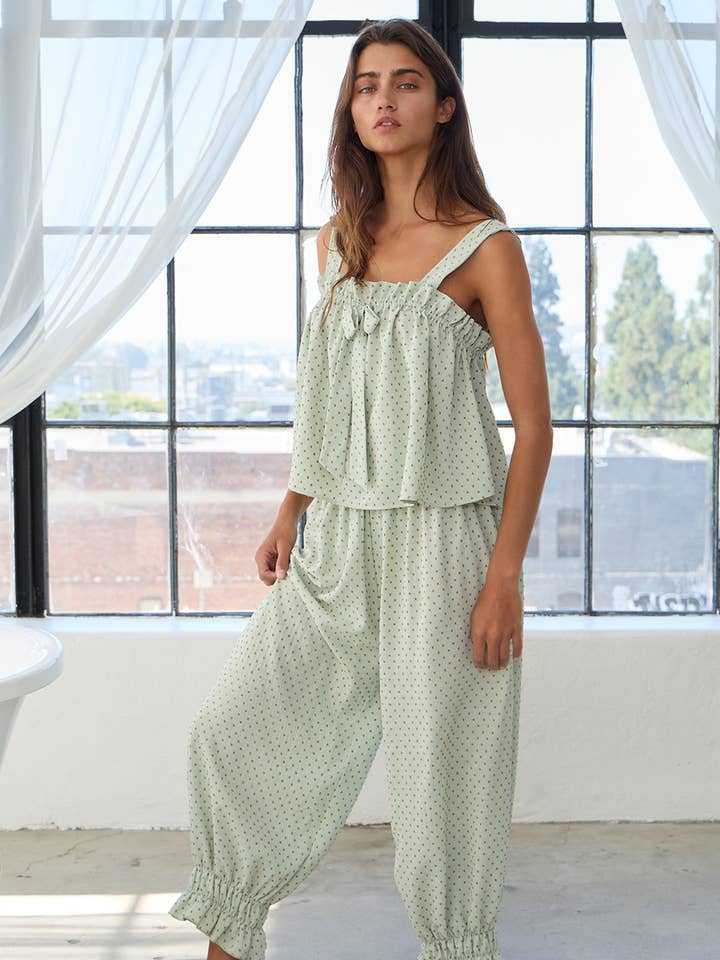 T2427C-SET Embroidered Dot Ruffled Pajama Tank & Pants Sets for wholesale by BUCKETLIST INC