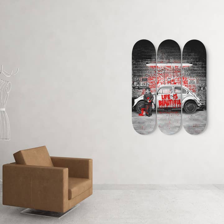 Banksy Graffiti Street Art Compilation Skate Deck Wall Art Life is Beautiful Black Taxi Wall Decor for wholesale by SkateboardArtsy
