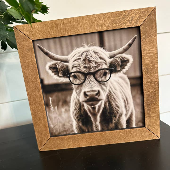 8.5” Framed Highland Cow with Glasses for wholesale by Farmhouse Decor & Co.