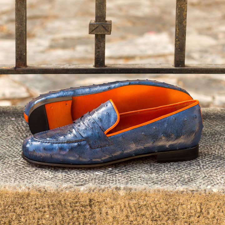 Enzo Men's Exotic Ostrich Slipper in Navy / Orange for wholesale by DapperFam