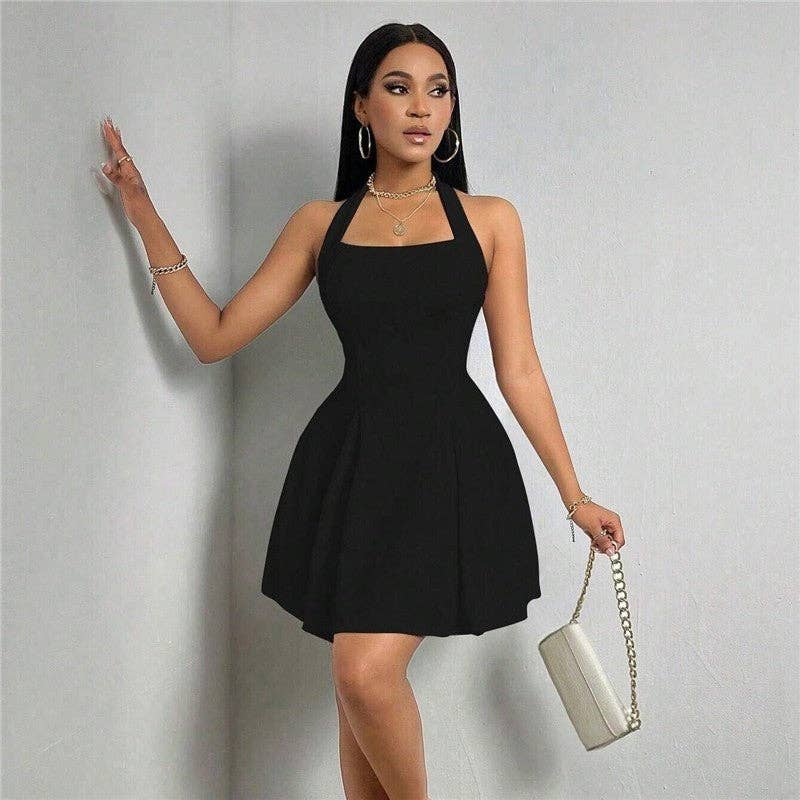 Sheer Trend - Wholesale Dress - Women's - Backless A-Line Mini Dress With Waist Cinching And Halter Neck2