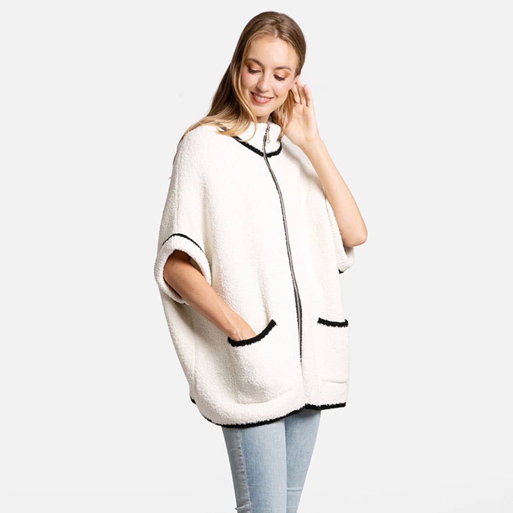 Fashion City - Wholesale Outerwear Poncho - Women's - Solid Zipper Jacket with Outlined Edges4