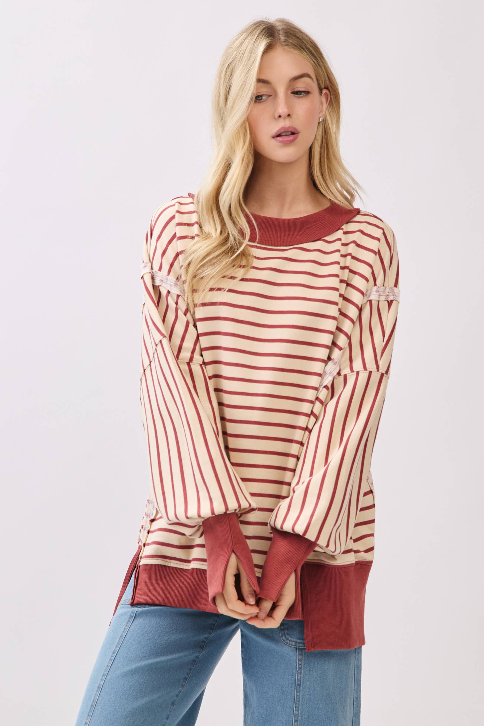 Sewn and Seen - Wholesale Sweatshirt - Women's - Striped Balloon Sleeve Terry Sweatshirt3