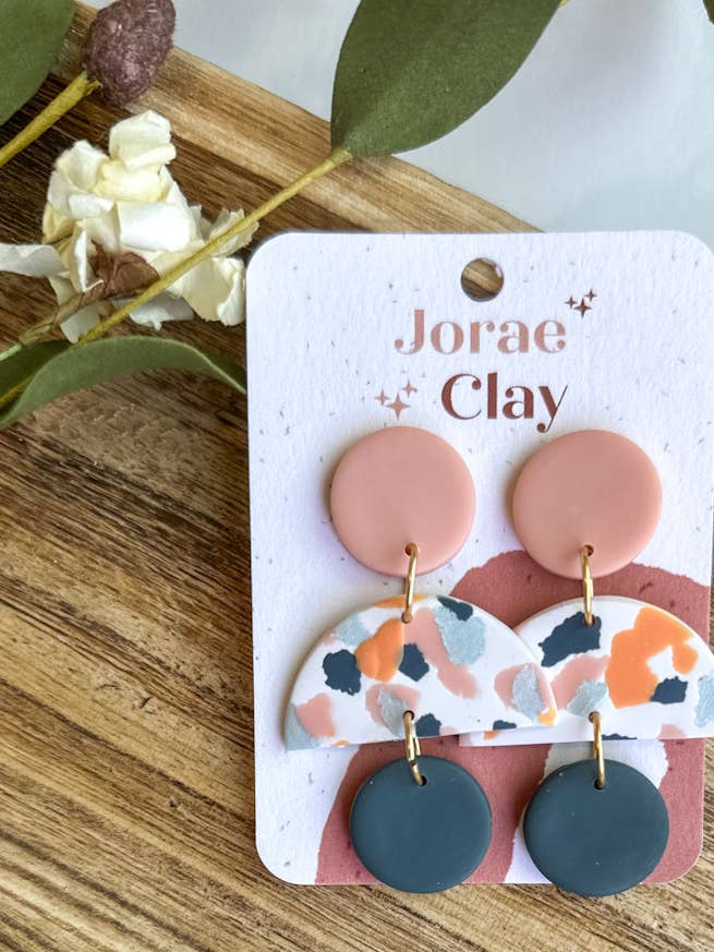 Teal + Light Pink Printed Clay Earrings for wholesale by Maude West Company