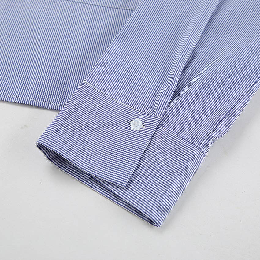 Bleu Chemise courte rayée à manches longues pour femmes SKT270 en vente sur Faire16