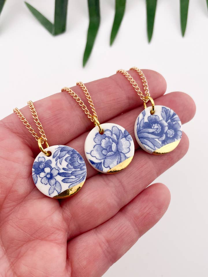 Blue China Large Round Pendant necklace with gold tip for wholesale by Clay Blanca