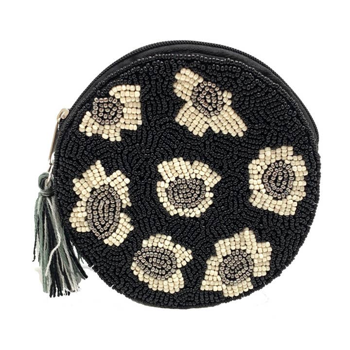 ROUND LEOPARD PRINT BEADED POUCH for wholesale by Pizzazz, Inc.