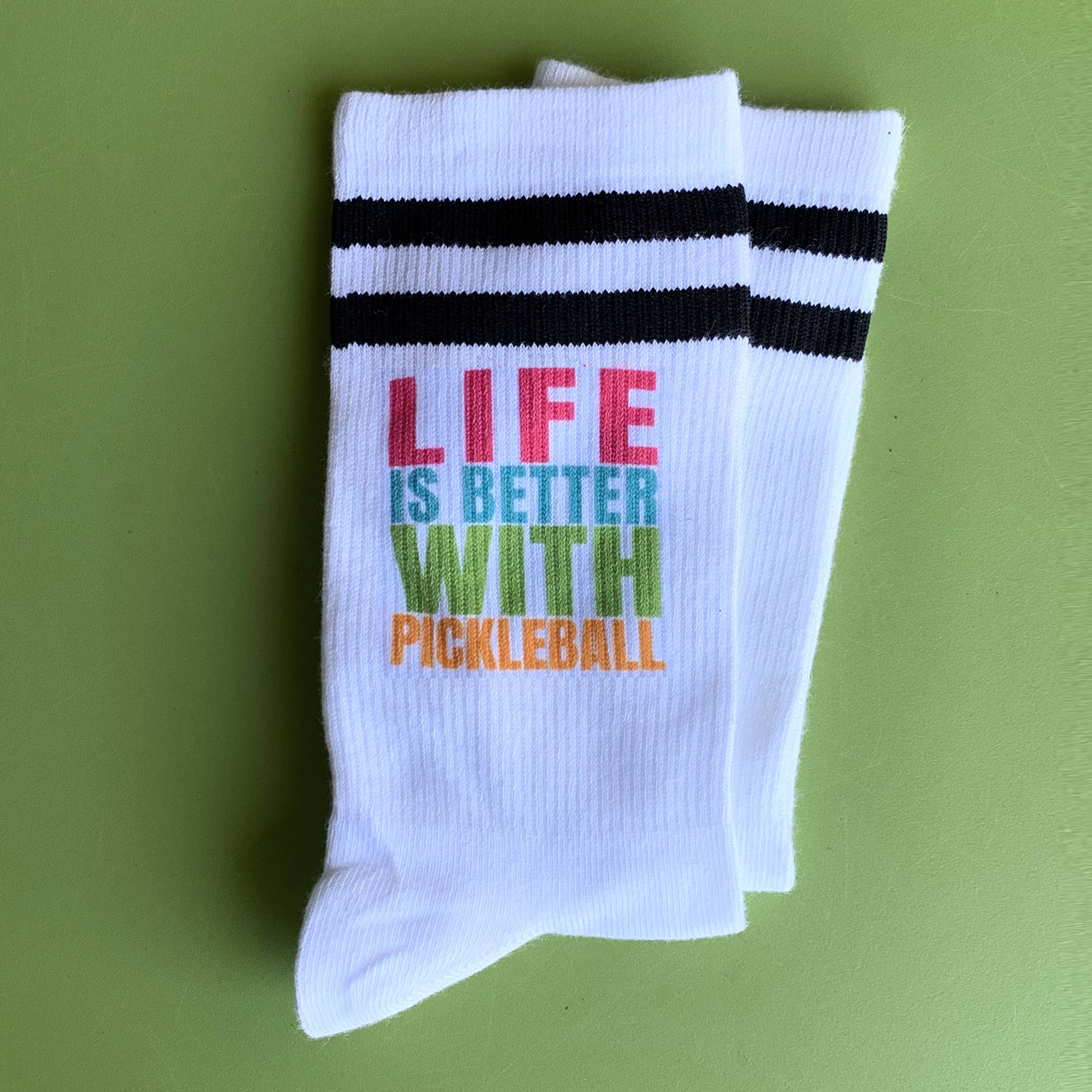 White Black Pickleball Striped Socks - Life is Better with Pickleball for wholesale on Faire1