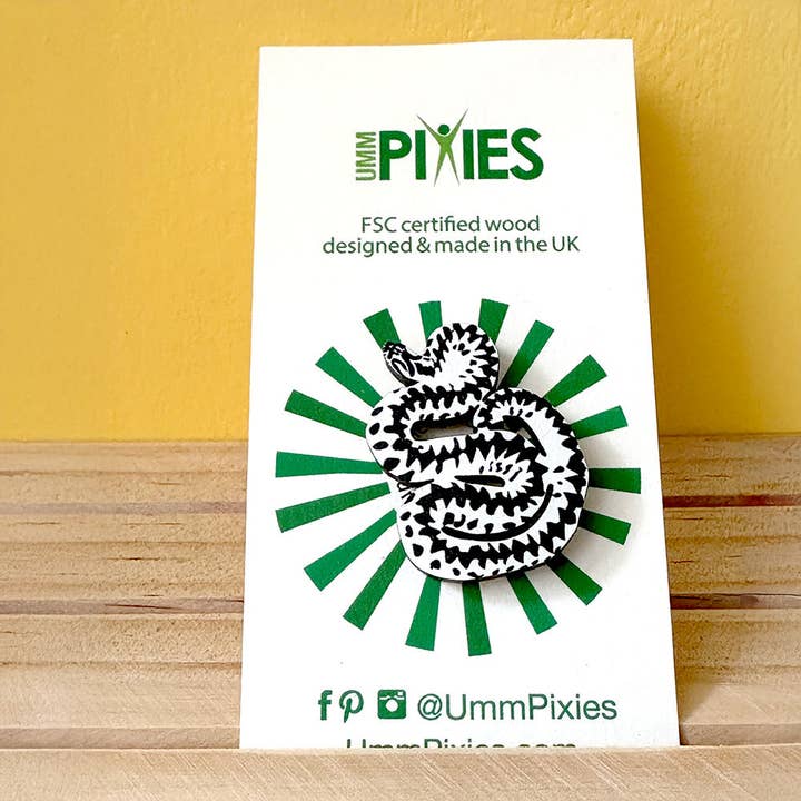 Adder British Snake wooden pin badge: pre-order available for wholesale by UmmPixies