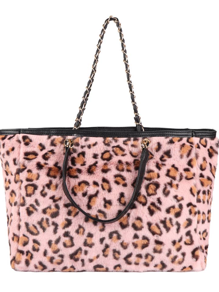 Leopard Faux Fur W/ Adjustable Handle Tote Bag for wholesale by MYS Wholesale Inc