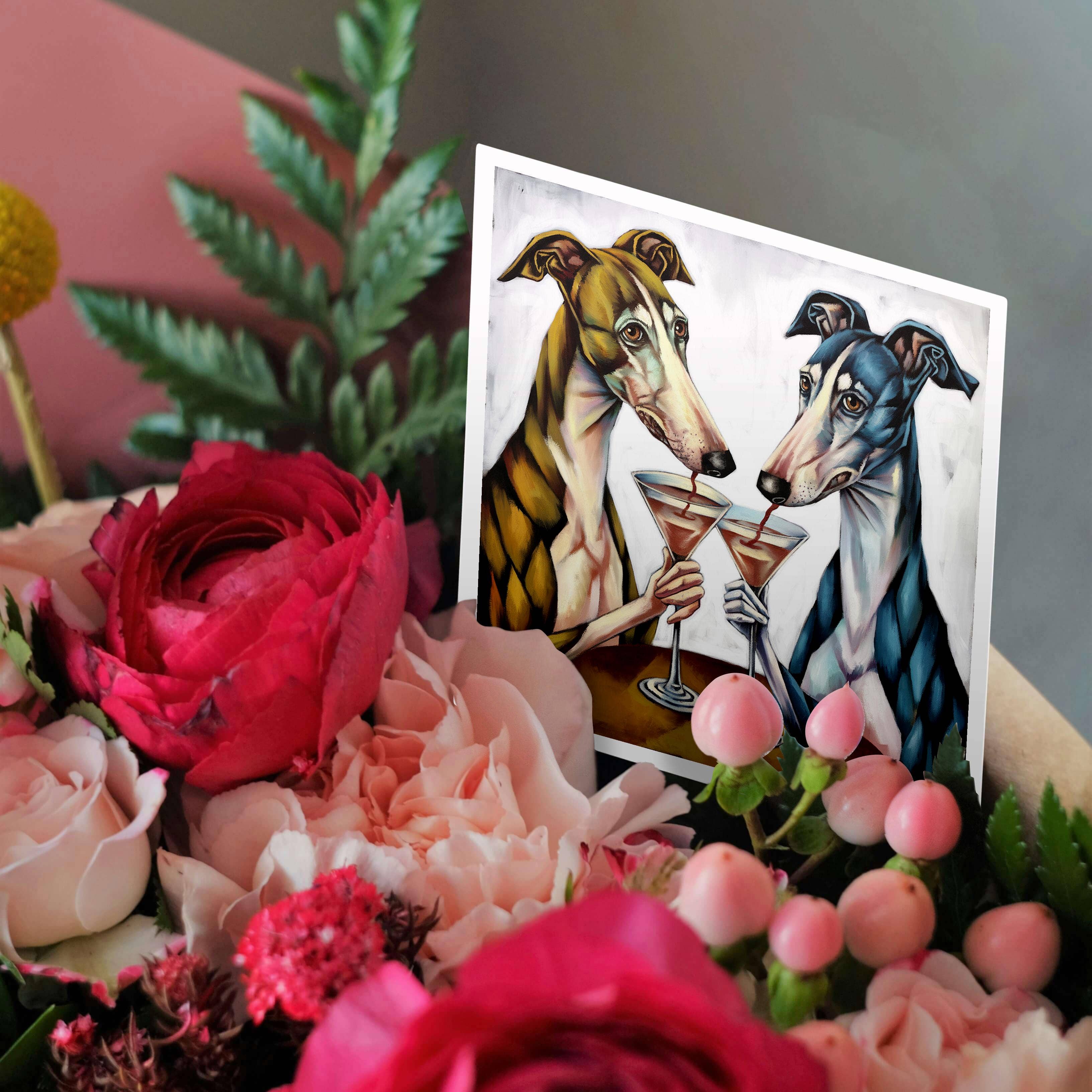 3dRose - Vente Carte de vœux classique - 3dRose, Drôle Mignon Cool Lévriers Chiens Buvant des Martinis Animaux Abstrait, Carte de Vœux2