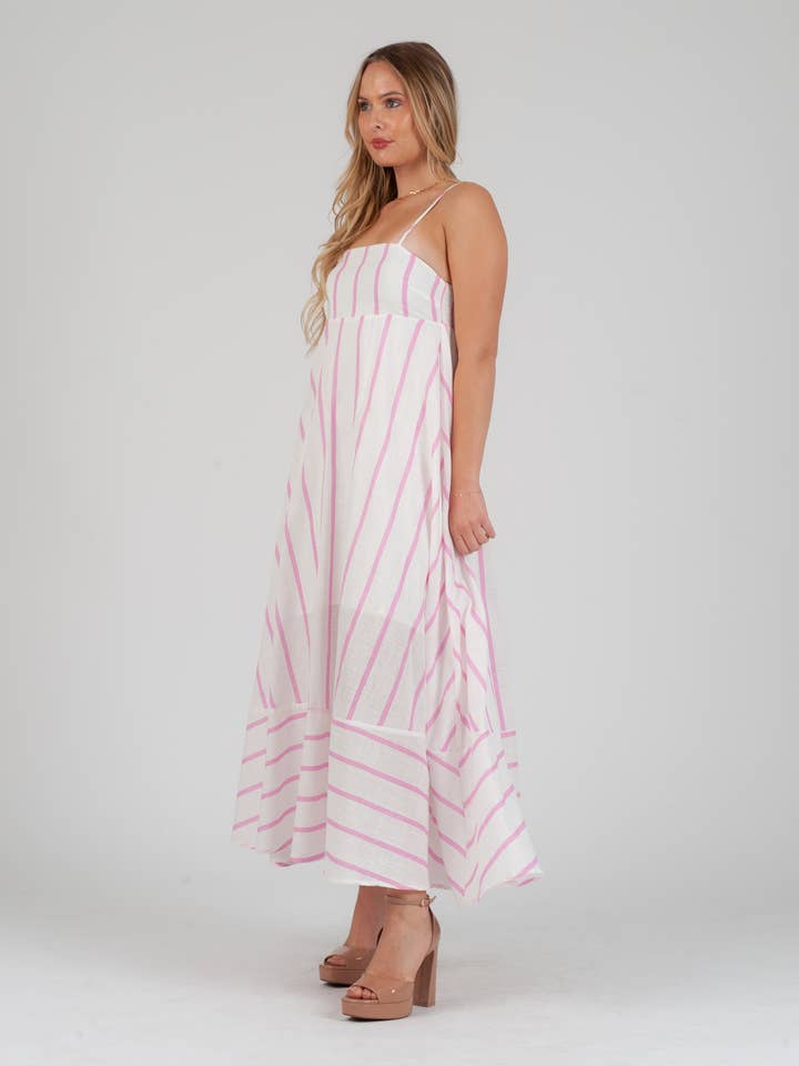 Lucca Couture - Vendita all'ingrosso Vestito - Donna - Vestito lungo a righe rosa in lino da donna con spalline1