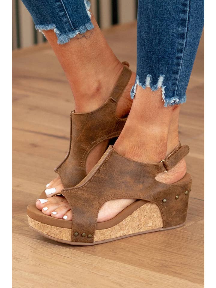 1 the Woman - Wholesale Sandals - Women's - Vintage Leather Stitching Studded Wedge Sandals