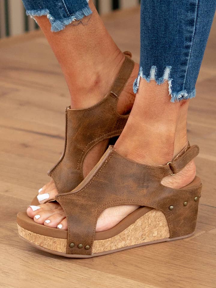 LDC Vintage Leather Stitching Studded Wedge Sandals for wholesale by Little Daisy Closet