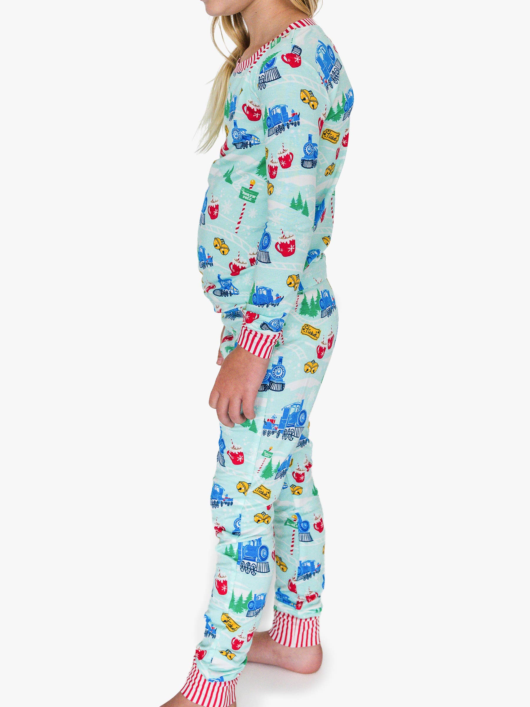 Blue SoftSnooze™ Kids Bamboo Viscose Snowy Train Tracks Long Sleeve Pajama Set for wholesale on Faire7