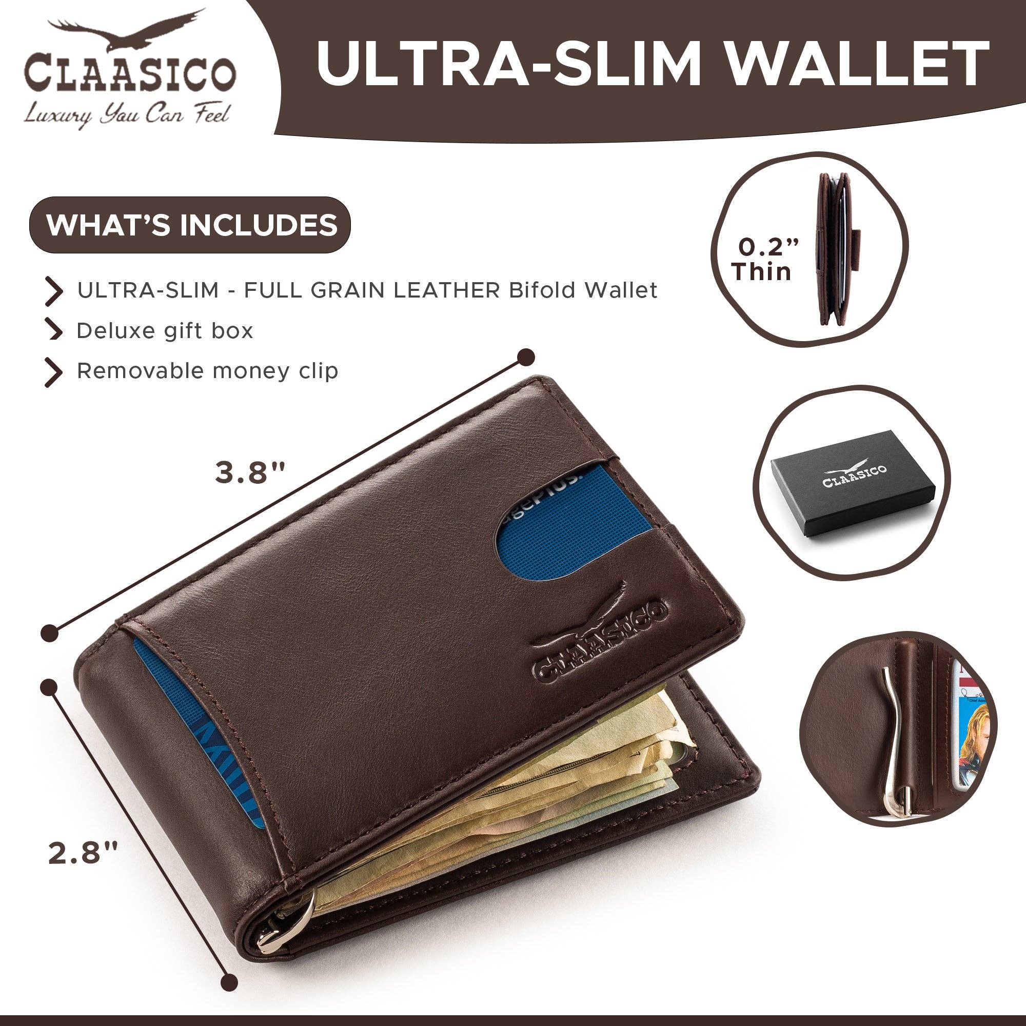 Claasico - Wholesale Wallet - Men's - Small bifold leather money clip wallet with pull strap23