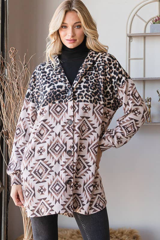 BROWN TAUPE EJ6720-15 AZTEC AND ANIMAL LEOPARD BUTTON DOWN SHACKET for wholesale on Faire12