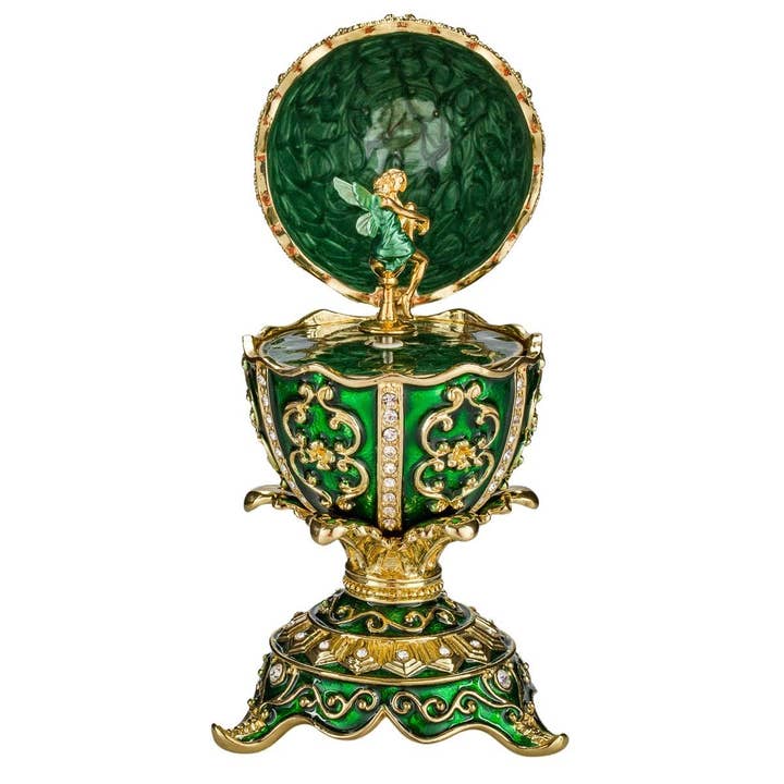 danila-souvenirs – Engroshandel Bordpynt – Fabergé æg musik smykkeskrin med fe-figur grøn