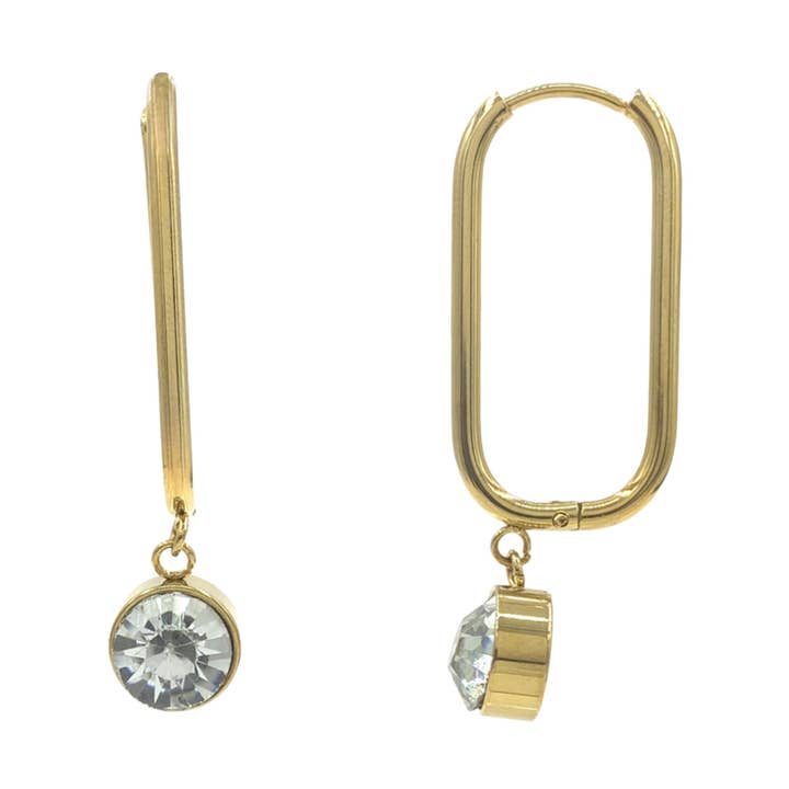 Brincos de argola em aço CZ Dangle Oval com Banhado a Ouro S., 15mm por atacado de Nisso & Co. NYC Jewelry Wholesale