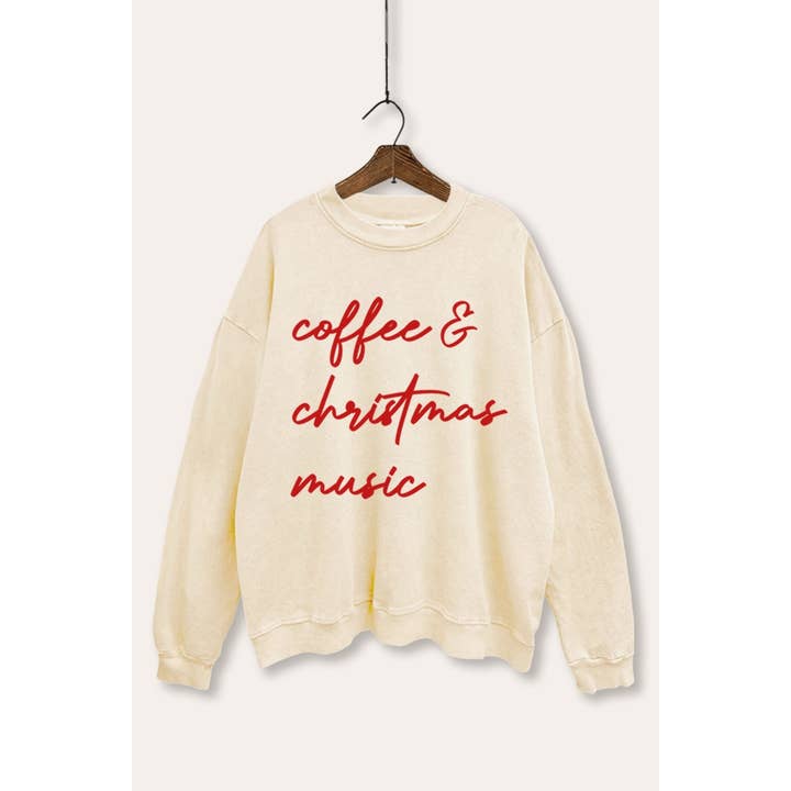 COFFEE & CHRISTMAS MUSIC TYPOGRAPHY MINERAL SWEATSHIRT for wholesale by VINTAGE POINT USA