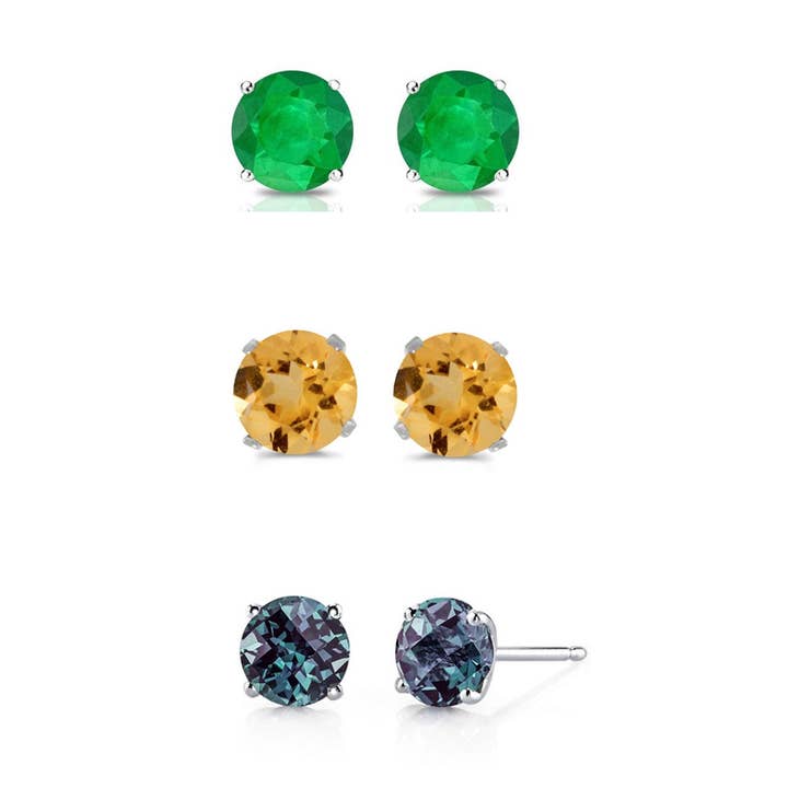 3 pares de aretes redondos chapados en oro blanco de 14 k con esmeralda, citrino y alejandrita creados de 1 quilate para venta al por mayor de Paris Jewelry