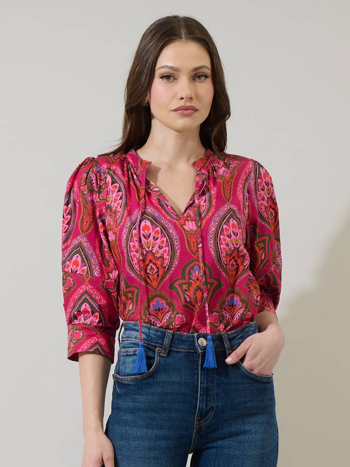Azura Floral Irina Split Neck Top for wholesale by Sugarlips