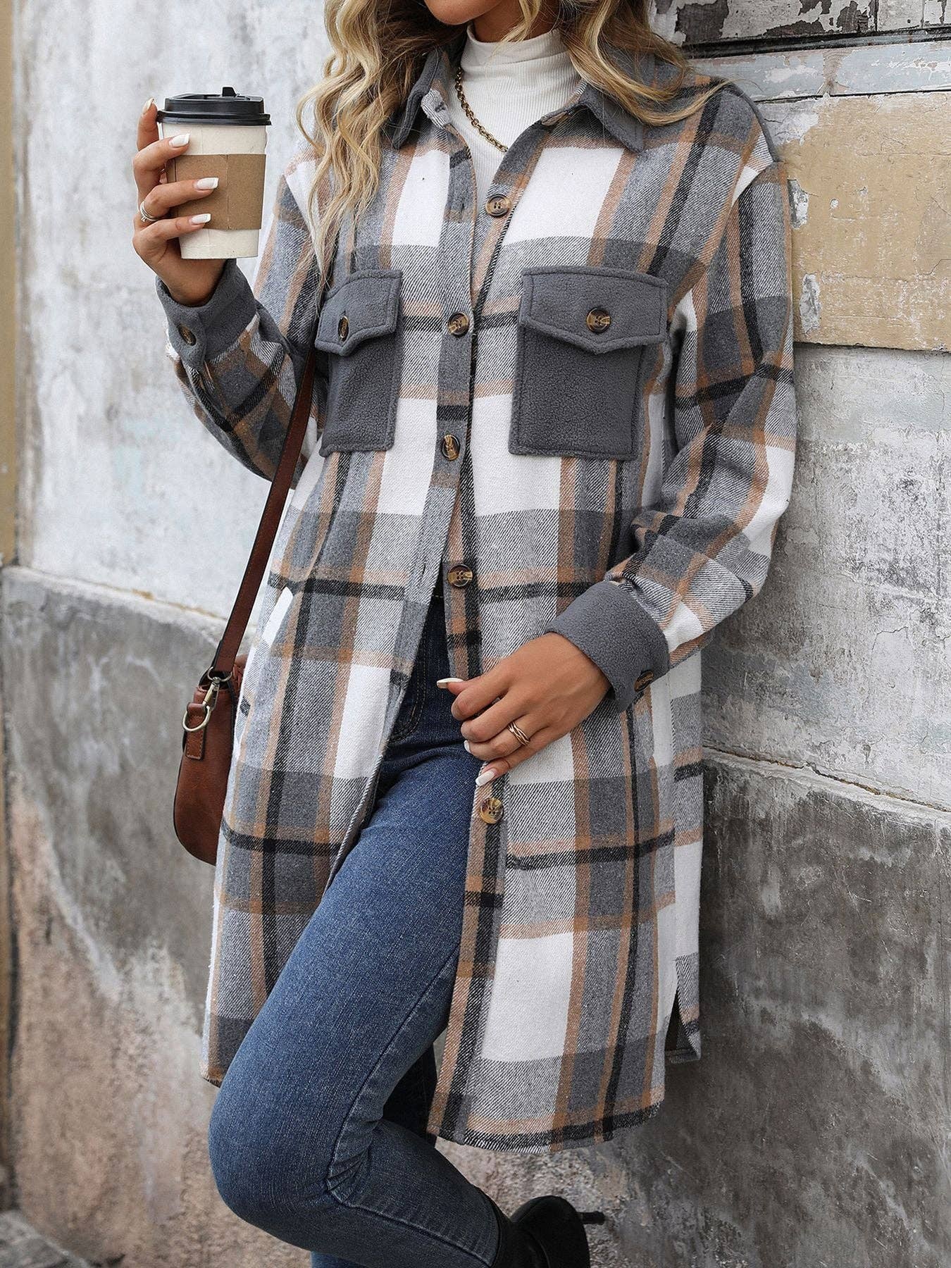 Suhkasana - Wholesale Shirt Jacket/Shacket - Women's - Plaid Shirt Jacket for Women - Long Button Front Coat15